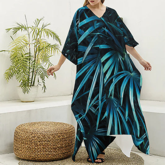 Turquoise Tropical Leaves Print Silk V-Neck Kaftan Dress