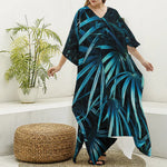 Turquoise Tropical Leaves Print Silk V-Neck Kaftan Dress