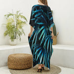 Turquoise Tropical Leaves Print Silk V-Neck Kaftan Dress