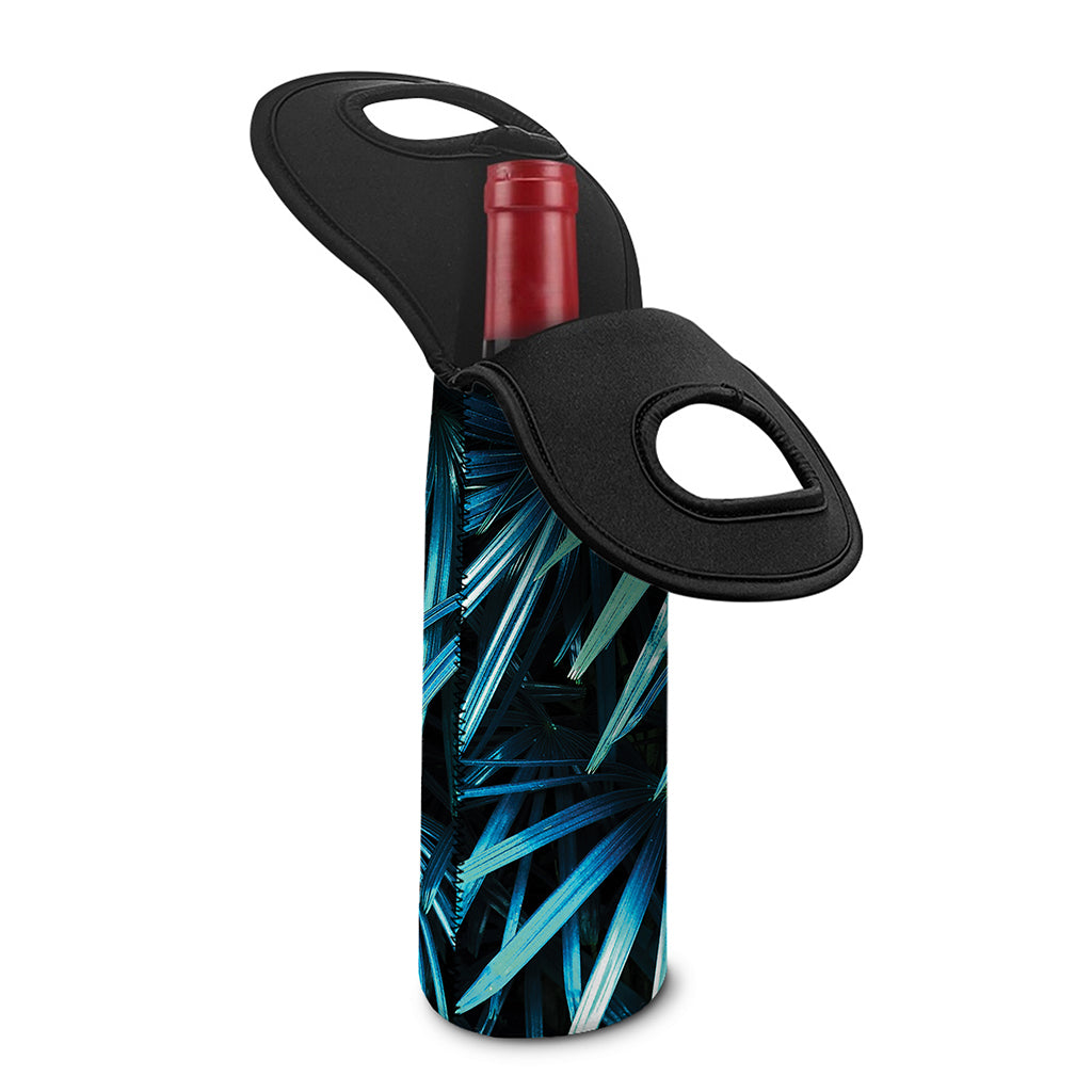 Turquoise Tropical Leaves Print Single Neoprene Wine Tote