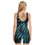 Turquoise Tropical Leaves Print Sleeveless One Piece Swimsuit