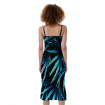 Turquoise Tropical Leaves Print Slim Fit Midi Cami Dress