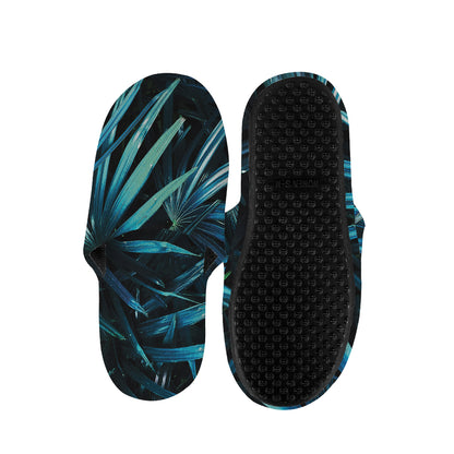 Turquoise Tropical Leaves Print Slippers