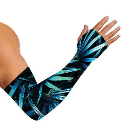 Turquoise Tropical Leaves Print Sun Protection Arm Sleeves