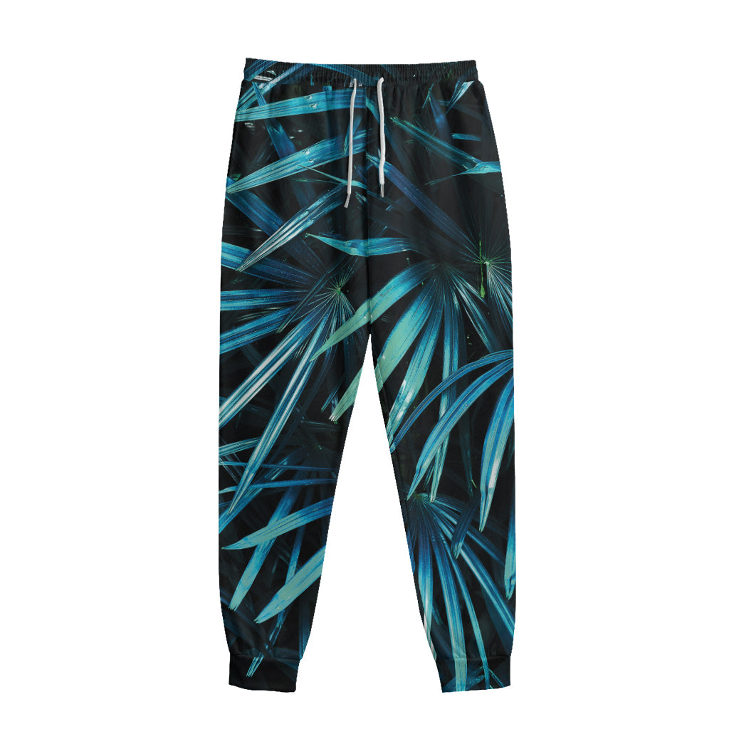 Turquoise Tropical Leaves Print Sweatpants