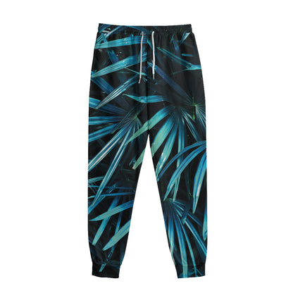Turquoise Tropical Leaves Print Sweatpants