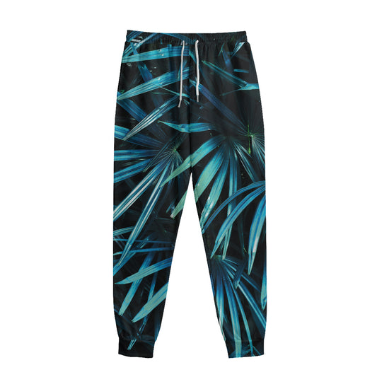 Turquoise Tropical Leaves Print Sweatpants