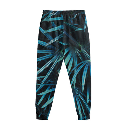 Turquoise Tropical Leaves Print Sweatpants