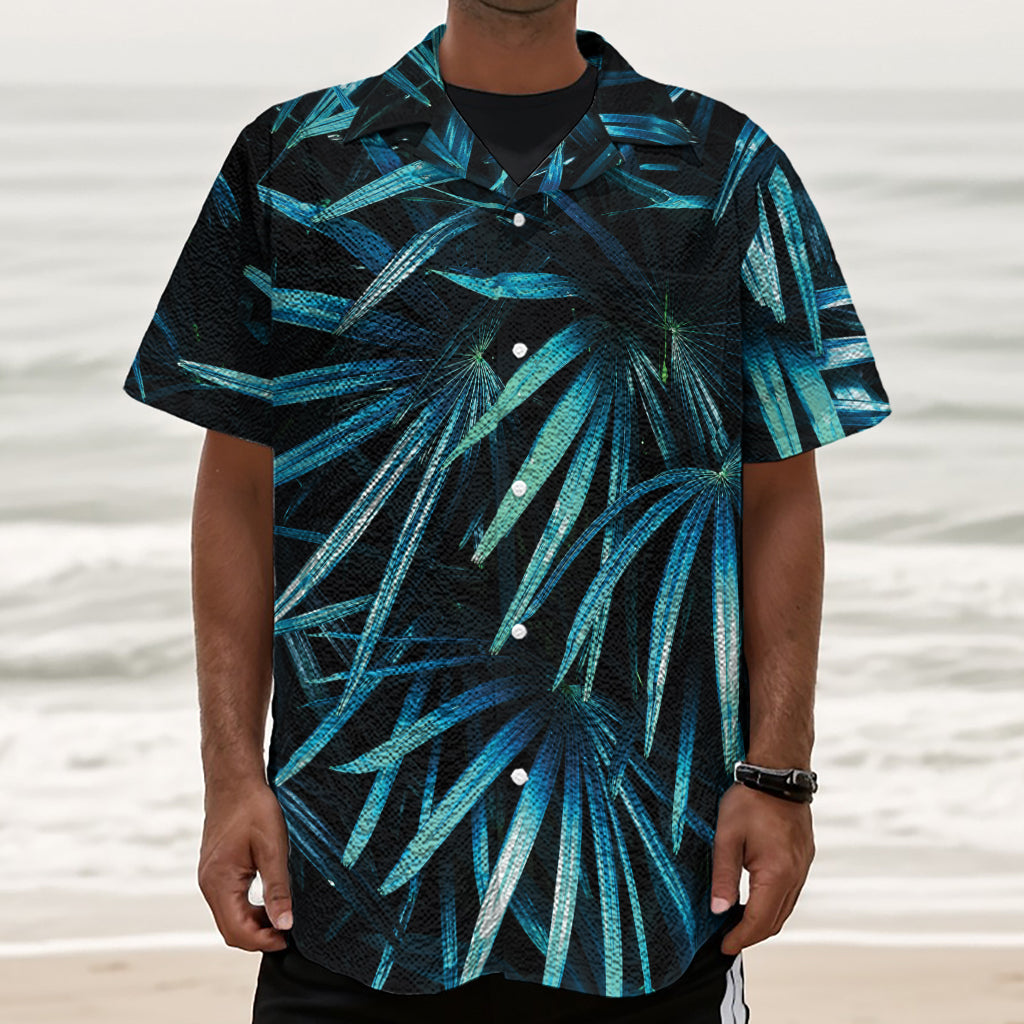 Turquoise Tropical Leaves Print Textured Short Sleeve Shirt
