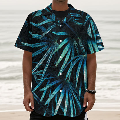Turquoise Tropical Leaves Print Textured Short Sleeve Shirt