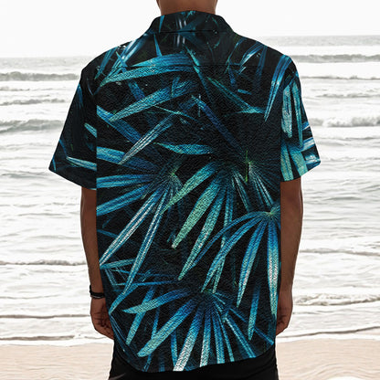 Turquoise Tropical Leaves Print Textured Short Sleeve Shirt
