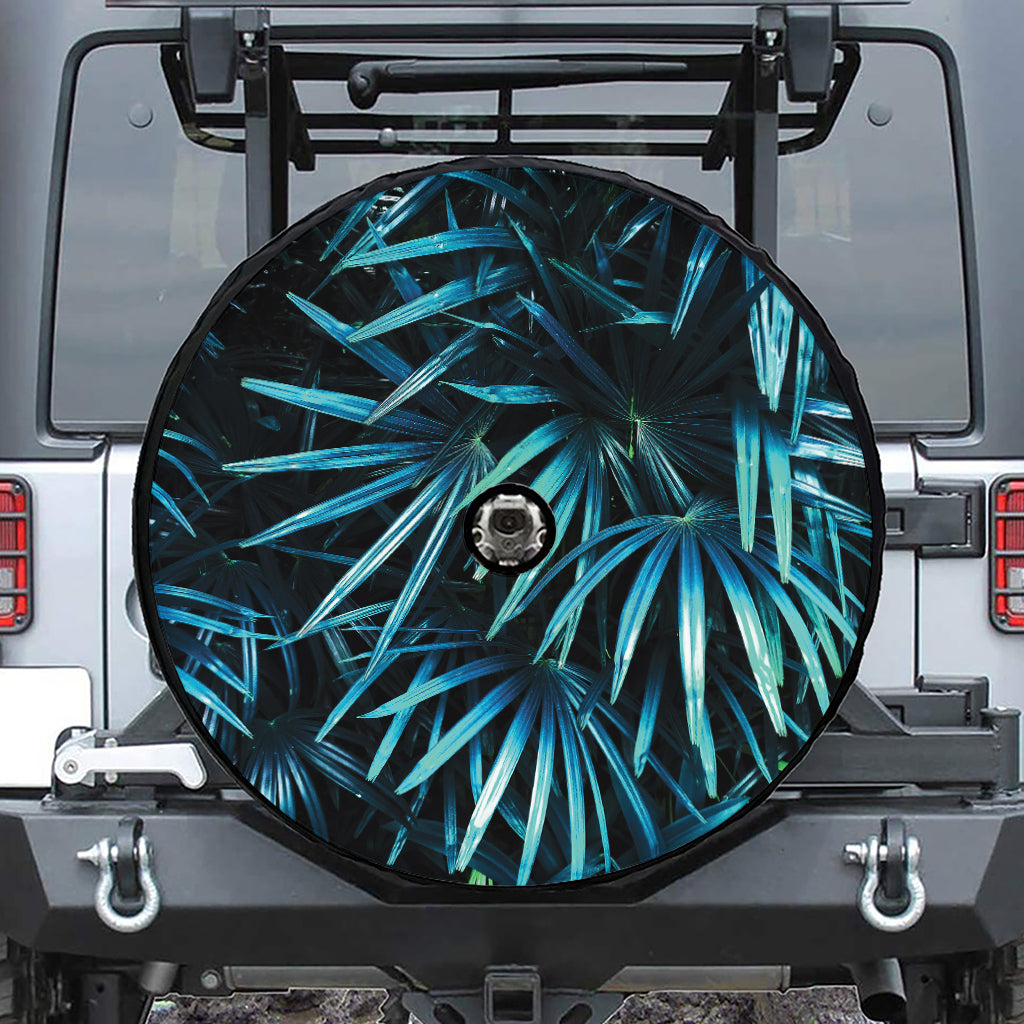 Turquoise Tropical Leaves Print Tire Cover With Camera Hole