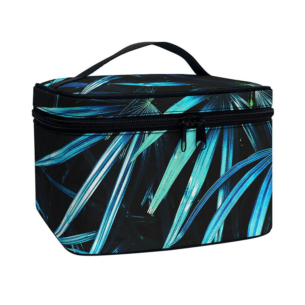 Turquoise Tropical Leaves Print Travel Makeup Bag