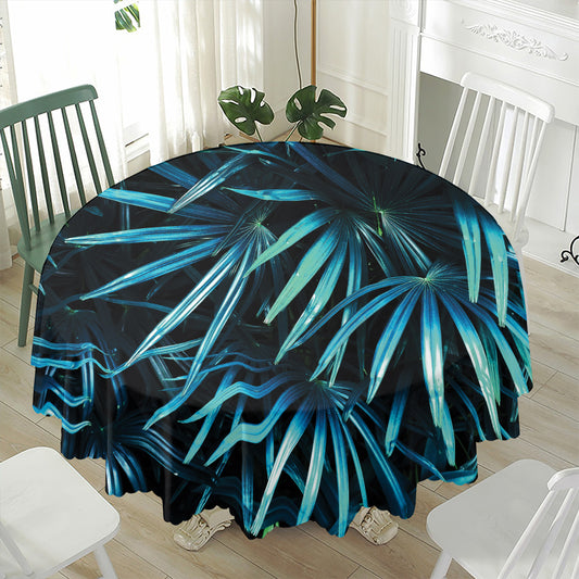 Turquoise Tropical Leaves Print Waterproof Round Tablecloth