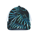 Turquoise Tropical Leaves Print White Mesh Trucker Cap