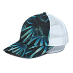 Turquoise Tropical Leaves Print White Mesh Trucker Cap