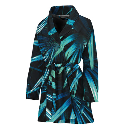 Turquoise Tropical Leaves Print Women's Bathrobe