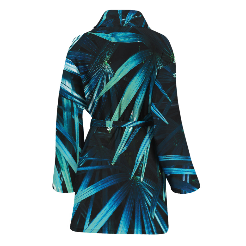 Turquoise Tropical Leaves Print Women's Bathrobe