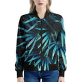 Turquoise Tropical Leaves Print Women's Bomber Jacket