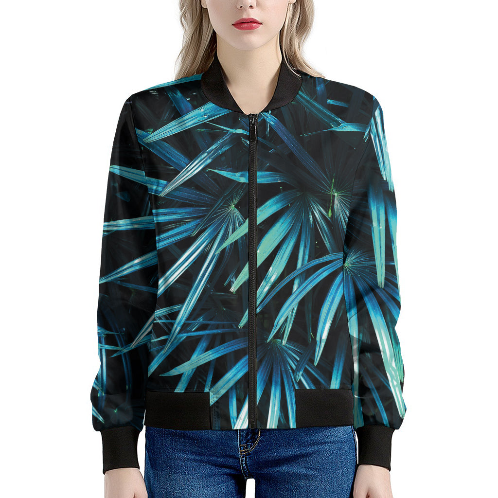 Turquoise Tropical Leaves Print Women's Bomber Jacket