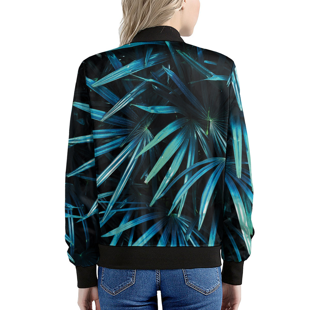 Turquoise Tropical Leaves Print Women's Bomber Jacket