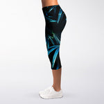 Turquoise Tropical Leaves Print Women's Capri Leggings