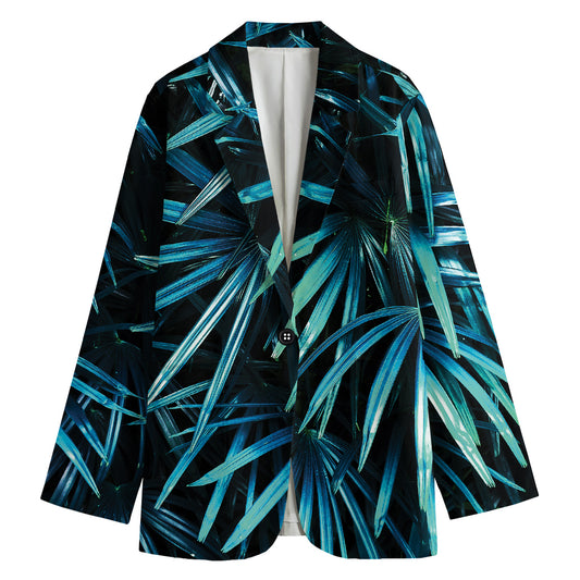 Turquoise Tropical Leaves Print Women's Cotton Blazer