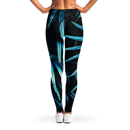 Turquoise Tropical Leaves Print Women's Leggings