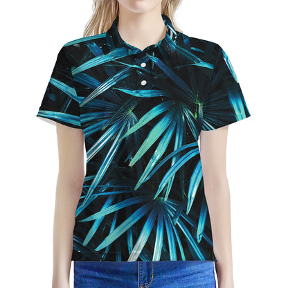 Turquoise Tropical Leaves Print Women's Polo Shirt