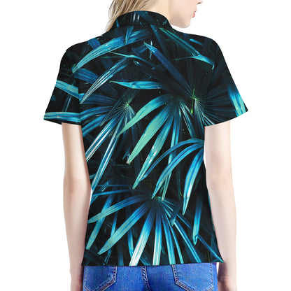 Turquoise Tropical Leaves Print Women's Polo Shirt