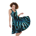 Turquoise Tropical Leaves Print Women's Sleeveless Dress