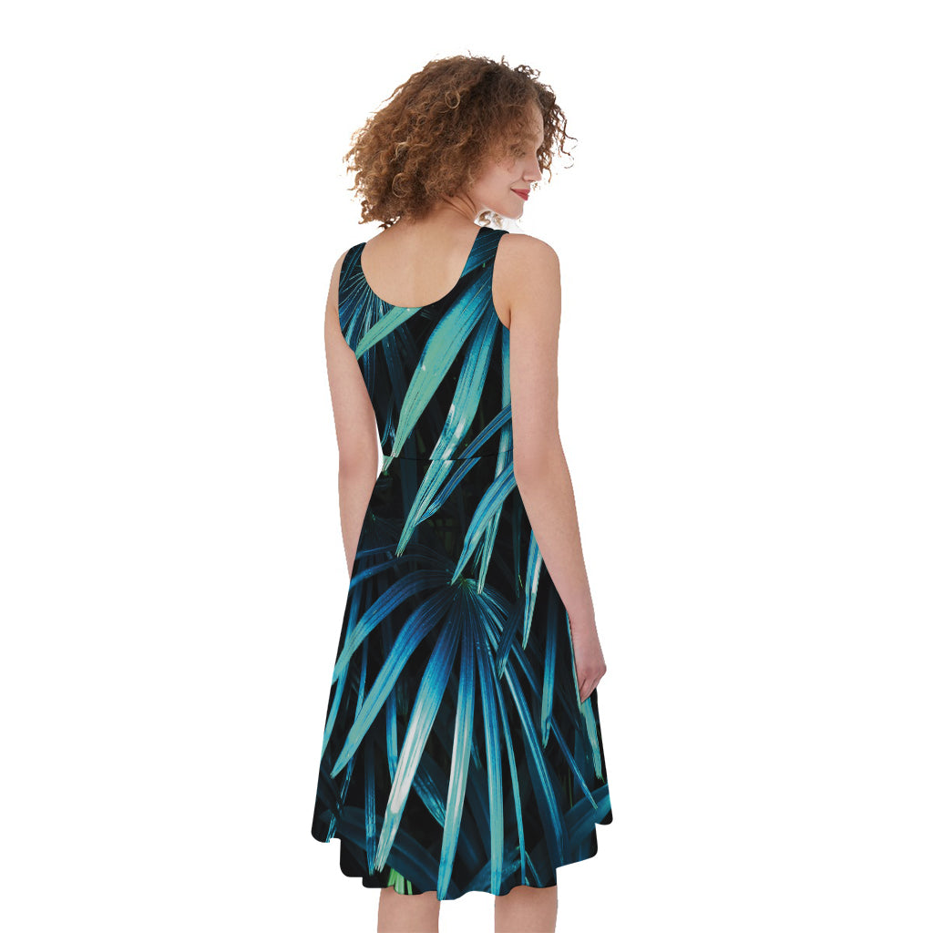 Turquoise Tropical Leaves Print Women's Sleeveless Dress