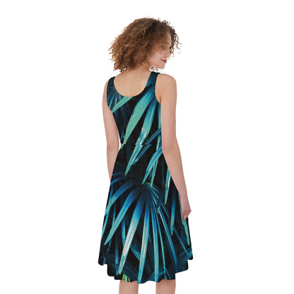 Turquoise Tropical Leaves Print Women's Sleeveless Dress