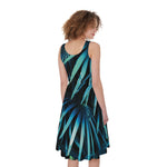Turquoise Tropical Leaves Print Women's Sleeveless Dress