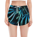 Turquoise Tropical Leaves Print Women's Split Running Shorts
