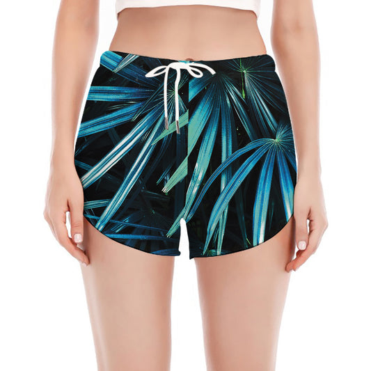 Turquoise Tropical Leaves Print Women's Split Running Shorts
