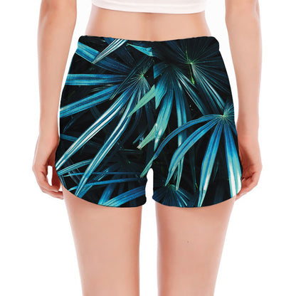 Turquoise Tropical Leaves Print Women's Split Running Shorts
