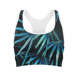 Turquoise Tropical Leaves Print Women's Sports Bra