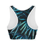 Turquoise Tropical Leaves Print Women's Sports Bra