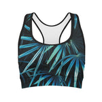 Turquoise Tropical Leaves Print Women's Sports Bra