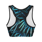 Turquoise Tropical Leaves Print Women's Sports Bra