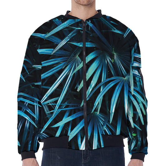 Turquoise Tropical Leaves Print Zip Sleeve Bomber Jacket