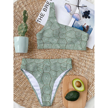 Turtle Shell Pattern Print One Shoulder Bikini Top