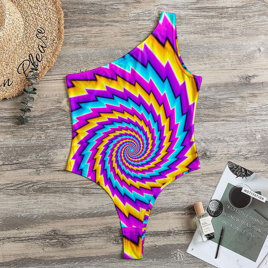 Twisted Spiral Moving Optical Illusion One Shoulder Bodysuit