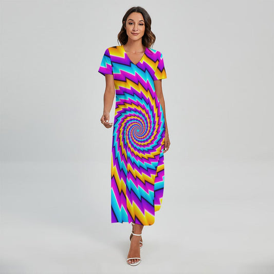 Twisted Spiral Moving Optical Illusion Short Sleeve Maxi Dress