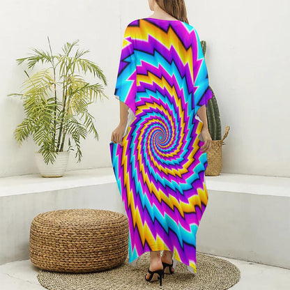 Twisted Spiral Moving Optical Illusion Silk V-Neck Kaftan Dress