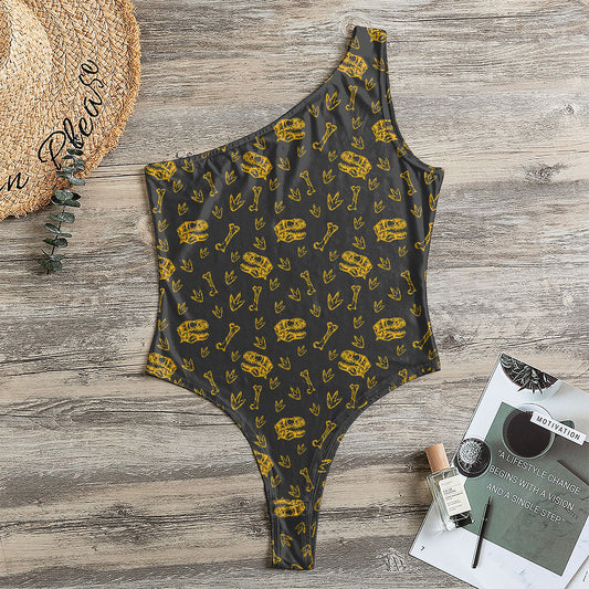 Tyrannosaurus Dino Fossil Pattern Print One Shoulder Bodysuit