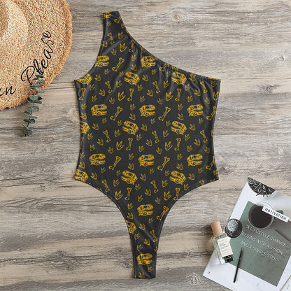 Tyrannosaurus Dino Fossil Pattern Print One Shoulder Bodysuit