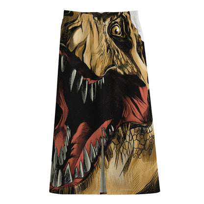 Tyrannosaurus Rex Head Print Cotton Front Slit Maxi Skirt
