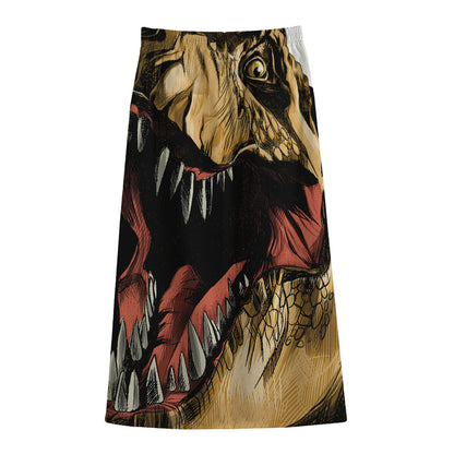 Tyrannosaurus Rex Head Print Cotton Front Slit Maxi Skirt